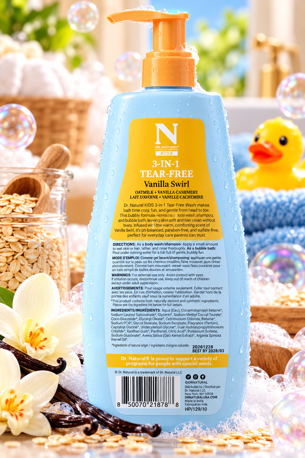 Dr. Natural Kids 3-in-1 Tear-Free Shampoo + Body Wash + Bubble Bath – Vanilla Swirl