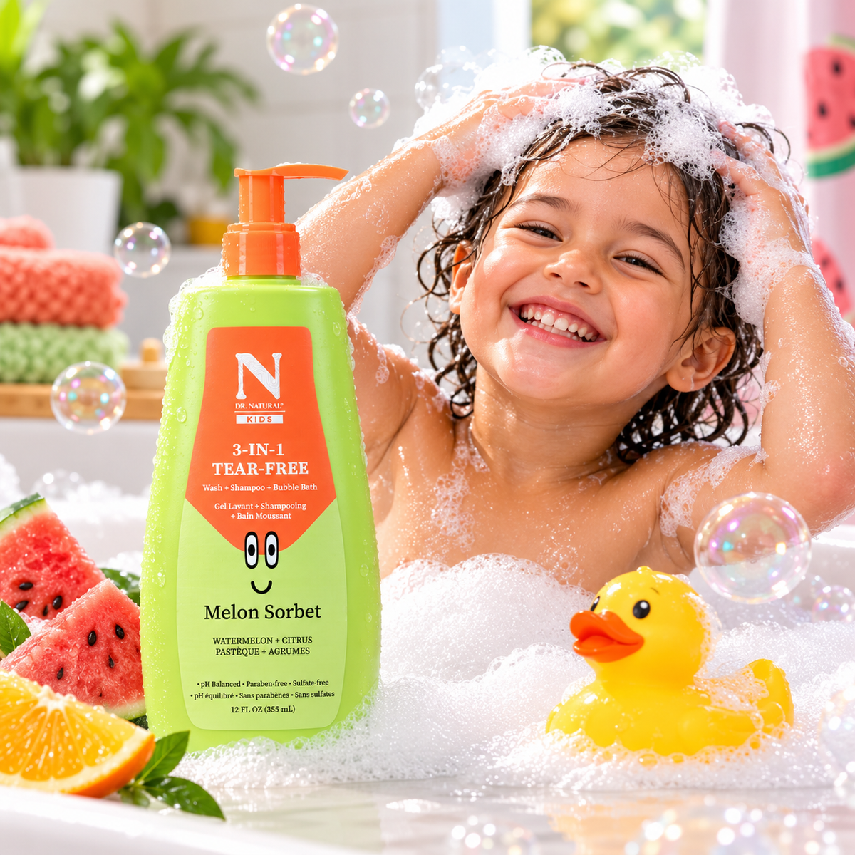 Dr. Natural Kids 3-in-1 Tear-Free Melon Sorbet – Wash + Shampoo + Bubble Bath