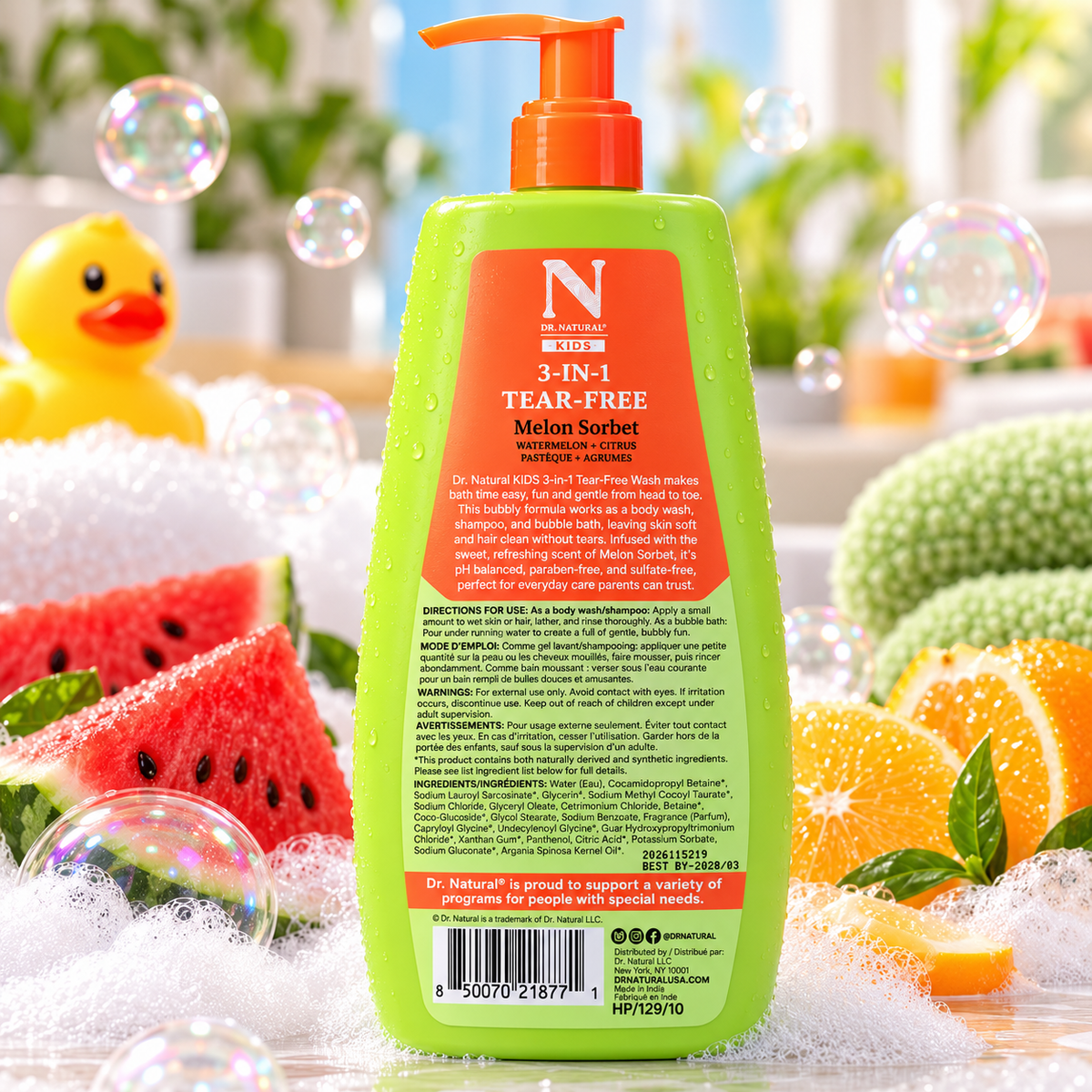 Dr. Natural Kids 3-in-1 Tear-Free Melon Sorbet – Wash + Shampoo + Bubble Bath