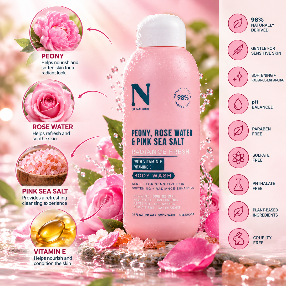 Dr. Natural Radiance Fresh Body Wash – Peony, Rose Water & Pink Sea Salt