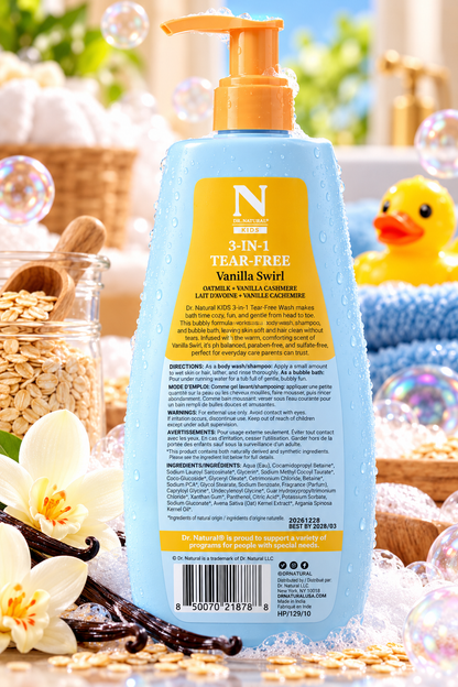 Dr. Natural Kids 3-in-1 Tear-Free Shampoo + Body Wash + Bubble Bath – Vanilla Swirl